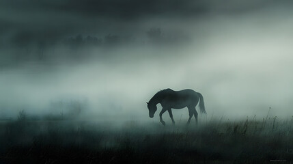 Fototapeta premium A beautiful silhouette of a horse walking gracefully through a golden misty landscape, evoking peace and freedom at dawn..