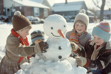 A cheerful group of children building a snowman in a snowy yard, dressed in warm winter clothes. 