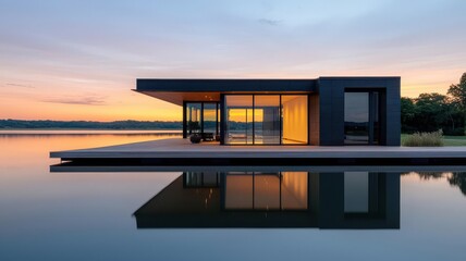 Modern glass house with a deck extending over a calm lake, reflecting the setting sun   modern house, lakefront sunset