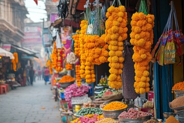 Vibrant Market Street in Varanasi During Dev Diwali with Colorful Marigold Decorations