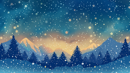 Obraz premium cartoon winter night landscape with christmas star light in the mountains