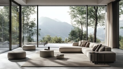 Modern Living Room Interior with Mountain View and Natural Light