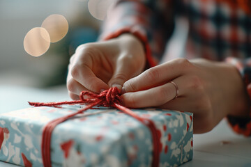 A close-up of hands tying a bow on a Christmas gift.