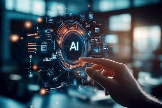 Eine Hand will einen digitalen Bildschirm mit dem Icon AI ber&uuml;hren, holografische Darstellung eines virtuelles Display, das mit k&uuml;nstlicher Intelligenz gesteuert wird, Technologie der Zukunft