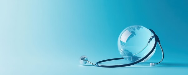 Glass globe with stethoscope on blue background,representing World Health Day, telemedicine business, and life insurance technology,Global Health Awareness,Save Earth,Green Earth Day,ESG.
