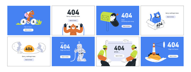 404 error pages set. Unavailable webpages, funny online internet designs with humorous problem messages. Creative web templates for failure, empty broken site with nothing. Flat vector illustrations
