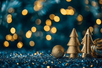 New year and Christmas celebration blue and golden glittering on abstract background and  defocused Bokeh Lights with blank space for text illustration.