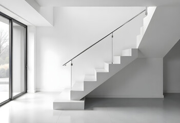 Elegant and spacious open plan new build interior spaces with concrete floors and designer decor. White interior, white steps and glass railings. Mock-up for a designer. Spacious room filled with ligh