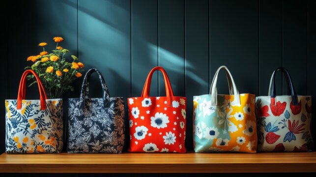 Five colorful tote bags displayed.