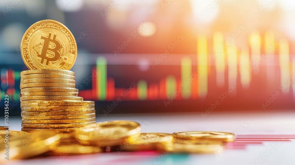 Poster business mindset goals risk-taking concept. the image features a stack of bitcoin coins with a blurr