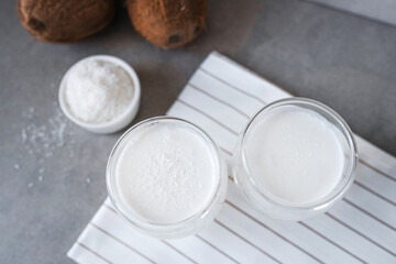 coconut milk with the addition of coconut chips, a healthy milk cocktail