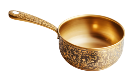 An ornate golden pot with intricate designs on the exterior, featuring a long handle and a smooth, polished interior.
