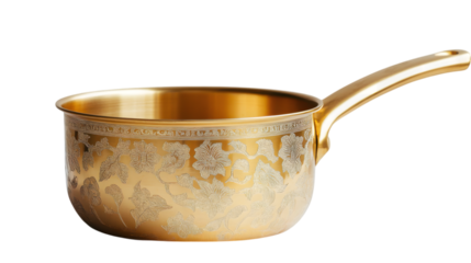 A golden saucepan featuring an intricate design, showcasing its elegant appearance and polished finish.