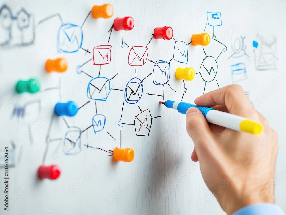 Poster business mindset goals risk-taking concept. a hand is drawing a network of messages on a wall, using