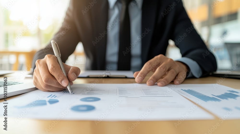 Poster business mindset goals risk-taking concept. a businessman reviews charts and graphs, taking notes wh