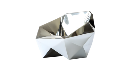 A sleek, geometric decorative bowl with a metallic finish and angular facets.