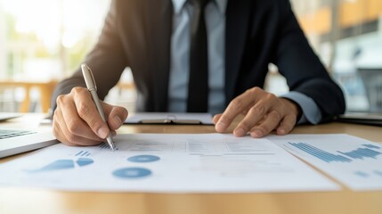 business mindset goals risk-taking concept. A businessman reviews charts and graphs, taking notes while analyzing data in a professional office setting.