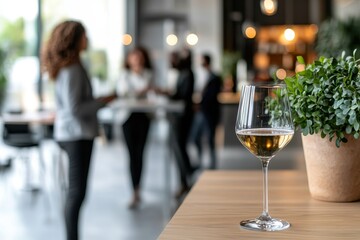 net zero greenhouse innovation concept. A glass of white wine on a wooden table, with people socializing in a modern, stylish setting in the background.