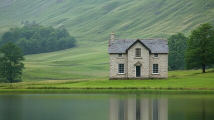 Old stone farmhouse perched on the edge of a lake, surrounded by rolling hills and green meadows   farmhouse, lakefront countryside