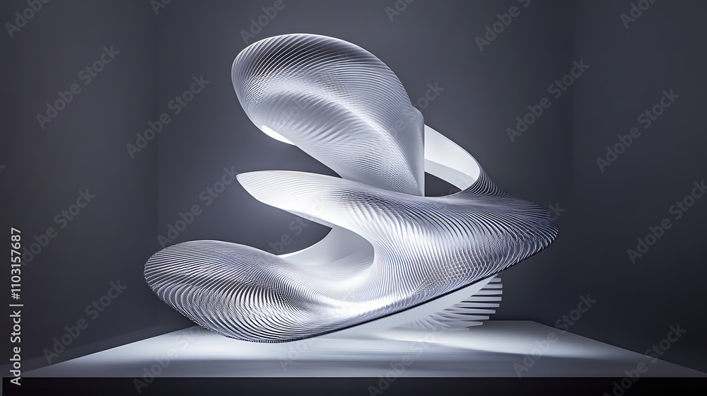 Poster contemporary illuminated sculpture featuring sleek curves and intricate patterns, displayed in a min