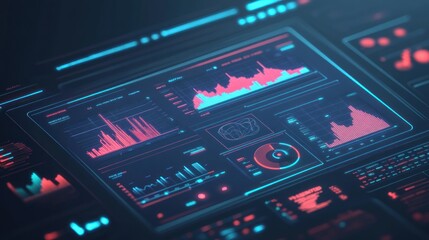 Obraz premium A futuristic dashboard displaying data analytics with colorful graphs and metrics.