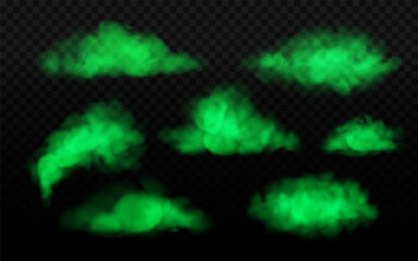 Realistic green neon clouds set. Poisonous toxic smoke illustration. Halloween magic mist with transparent effect on dark background