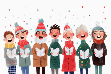 Fototapeta premium illustration of group of friends or family members singing Christmas carols 