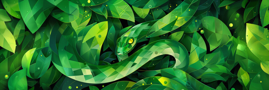 abstract green seamless pattern with leaves and snake, new year symbol 2025