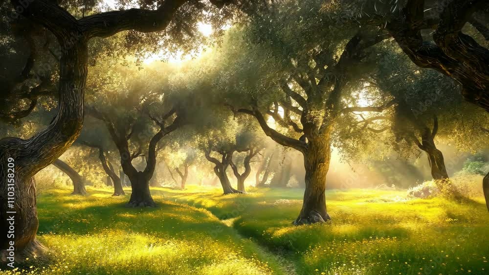 Poster sunlight filters through ancient trees in a serene grove during a peaceful afternoon