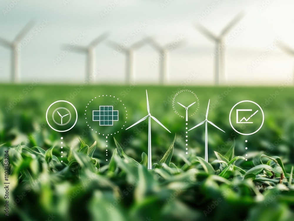 Poster net zero energy policy concept. a green field with wind turbines in the background and icons represe