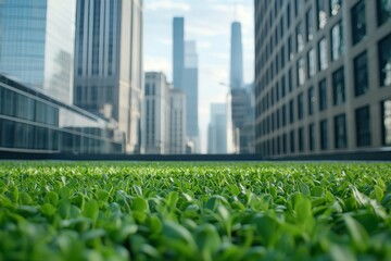 Fototapeta premium net zero efficiency policy concept. A vibrant green lawn contrasts with modern skyscrapers, showcasing urban landscaping amidst a bustling cityscape.
