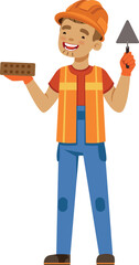A man in a construction outfit holding a brick and a trowel