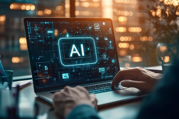 AI - Artificial Intelligence in der täglichen Anwendung am Laptop oder Tablet, eine Person sitzt am Laptop und benutzt für die tägliche Arbeiten KI Tools