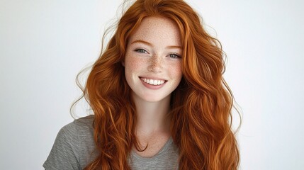 Fototapeta premium Portrait of a Smiling Girl with Freckles and Long Red Hair