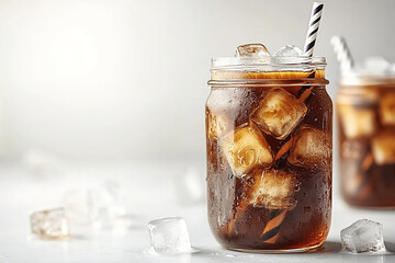 Iced Cola, Iced tea, cold brew coffee drink, iced coffee in glass mason jar with a striped straw and ice cubes. Black coffee, Americano drink