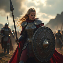 Una guerrera medieval lidera a su ej&eacute;rcito en una &eacute;pica batalla al amanecer, con su armadura brillante y su escudo decorado
