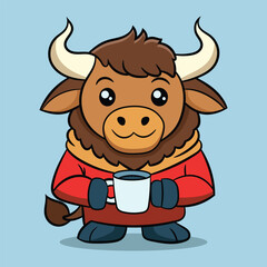 Vector cute buffalo with hot coffee character cartoon illustration