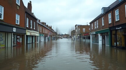 Flooded streets and buildings affected by severe flooding events