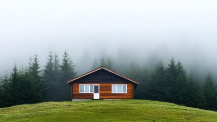 Rustic cottage on a foggy hill, surrounded by mist and towering evergreen trees   cottage in mist, atmospheric scene