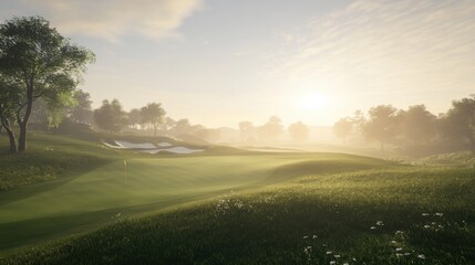 Naklejka premium Serene Sunrise Over Rolling Golf Course with Lush Greenery