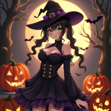 Una joven bruja con un vestido negro elegante y un sombrero puntiagudo, rodeada de calabazas talladas y murci&eacute;lagos, bajo la luz de una luna llena en un escenario oto&ntilde;al
