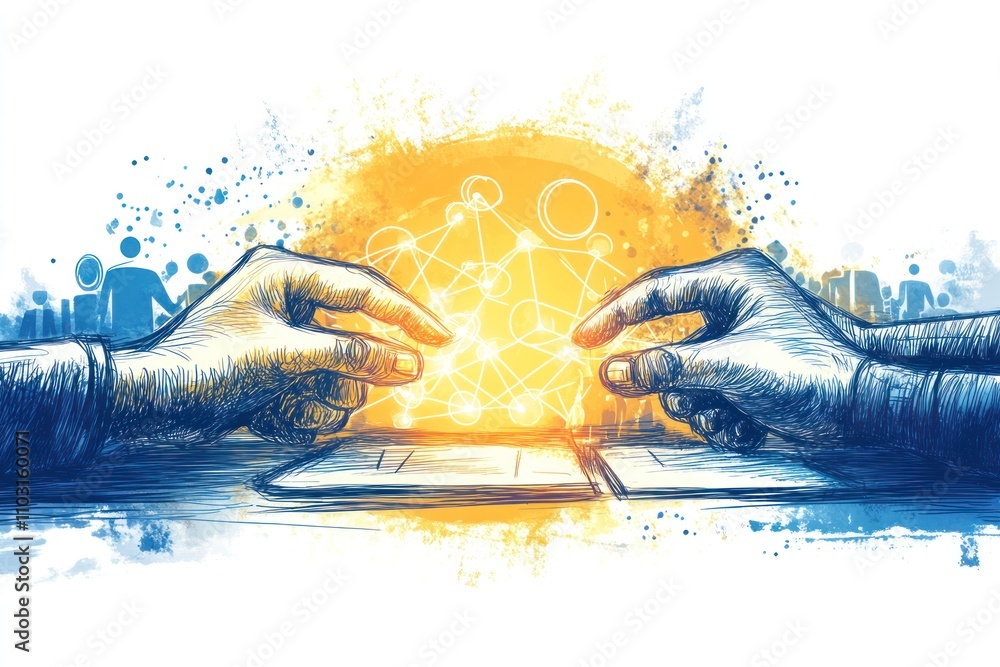 Poster two hands reaching towards a glowing network, symbolizing connection and collaboration.