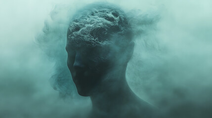 Fototapeta premium A shadowy face partially dissolving into ethereal green mist, creating a mysterious and abstract visual effect..