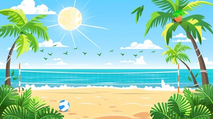 Obraz premium Cartoon illustration of a beach volleyball court with palm trees.