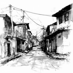Fototapeta premium Street with houses sketch png on transparent white background. Street landscape in ink, pen, marker, feather.