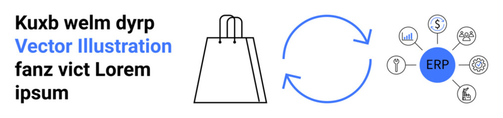 A shopping bag, circular arrows representing a cycle, ERP integration diagram with icons for financial, human resources, supply chain, and customer relations. Ideal for business, technology