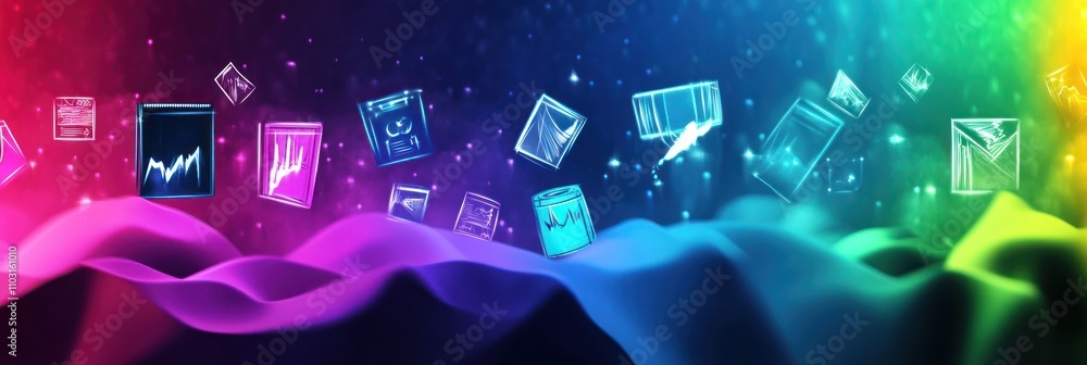 Poster abstract digital landscape with data icons and vibrant colors representing technology and analytics.