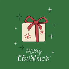 Christmas greeting card with "Merry Christmas" handwritten lettering and gift box on a green background. Simple design for print, social media and more