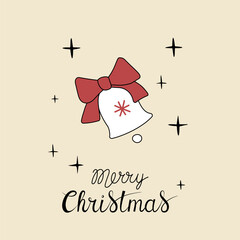 Christmas greeting card with "Merry Christmas" handwritten lettering and bell with ribbon on a beige background. Simple design for print, social media and more