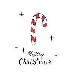 Christmas greeting card with "Merry Christmas" handwritten lettering and christmas candy cane on a white background. Simple design for print, social media and more